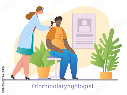 Female otorhinolaryngologist is taking care of patients ear on white background. Doctor helps patient to feel better. Medical workplace scene. Flat cartoon vector illustration
