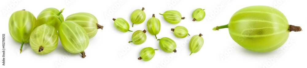 Obraz premium Green gooseberry isolated on white background. Set or collection