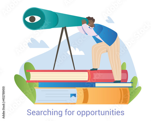 Smiling male character is looking forward through telescope on white background. Young man is looking for opportunities, decisions or new business ideas. Flat cartoon vector illustration