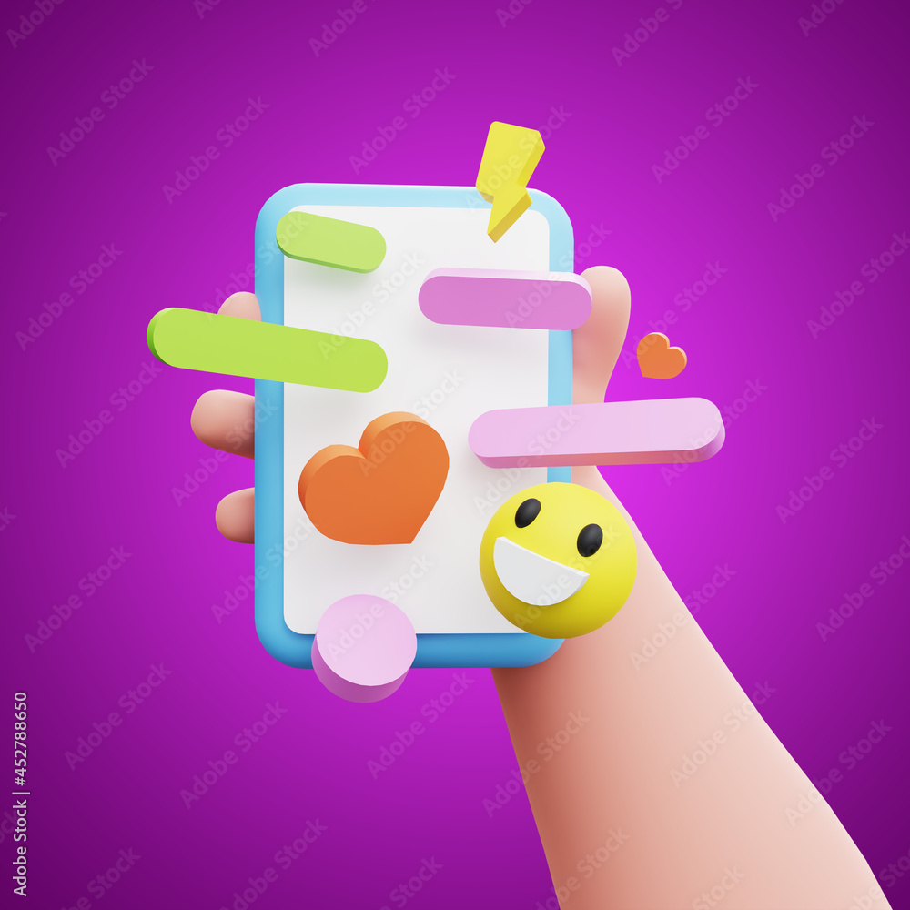 Cartoon character hand holding and using mobile phone. Messaging app with cute funny emoji, heart and other icons. 3D Rendering illustration