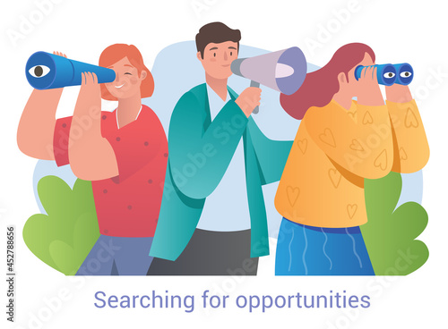 Group of young cheerful people is looking through binoculars and spyglass together on white background. Man and women searching for opportunities or business ideas. Flat cartoon vector illustration
