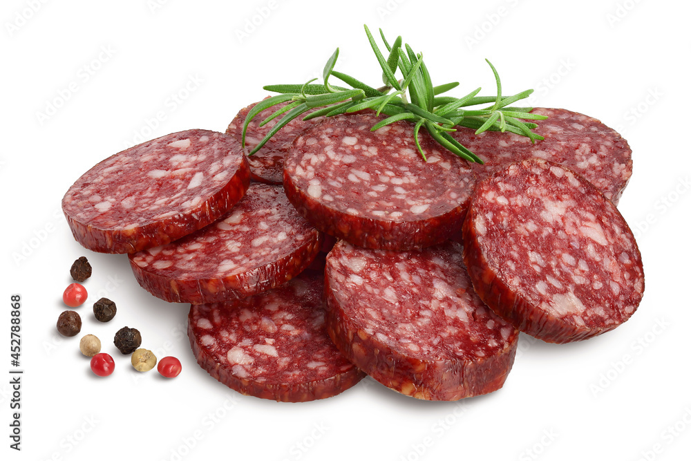 Smoked sausage salami slices isolated on white background with clipping path and full depth of field