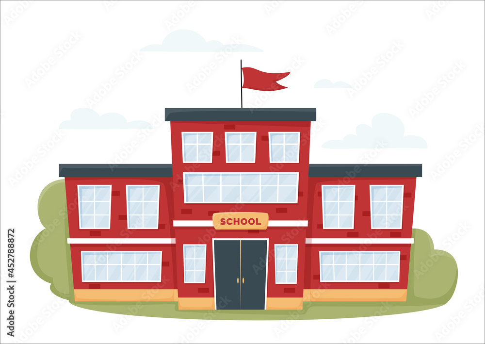 Modern school building in red color with trees and bushes. A city landscape with a house facade. Front view of learning building. Isolated vector illustration in flat cartoon style