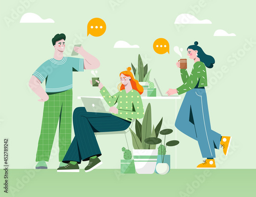 Male and female emplyees at comfortable workplace with good conditions. Concept of positive work environment with happy employees. Healthy relations between workers. Flat cartoon vector illustration