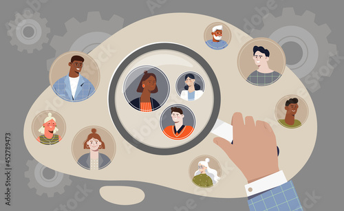 Hand holding magifier to find target audience among other people on grey background. Concept of target audience segmentation as customer group selection. Flat cartoon vector illustration photo