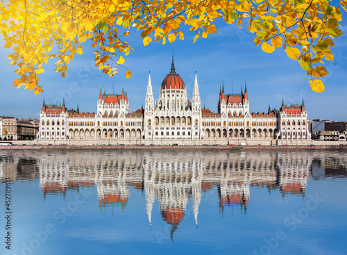 Hungarian Parliament Building in autumn reflected in Danube river, Budapest, Hungary © Mistervlad