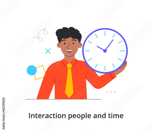 Smiling male character is holding time clock in hand on white background. Concept of people spending time efficiently, time management and schedule. Flat cartoon vector illustration