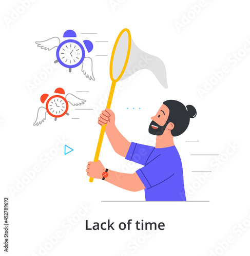 Smiling male character is trying to catch time flying away to be on time on white background. Concept of time efficiency, work management, not runing late. Flat cartoon vector illustration
