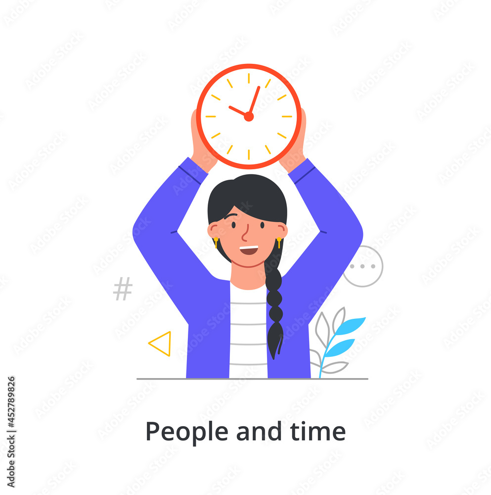 Cheerful female character is holding time clock in hands over her head on white background. Concept of people spending time efficiently, time management and schedule. Flat cartoon vector illustration
