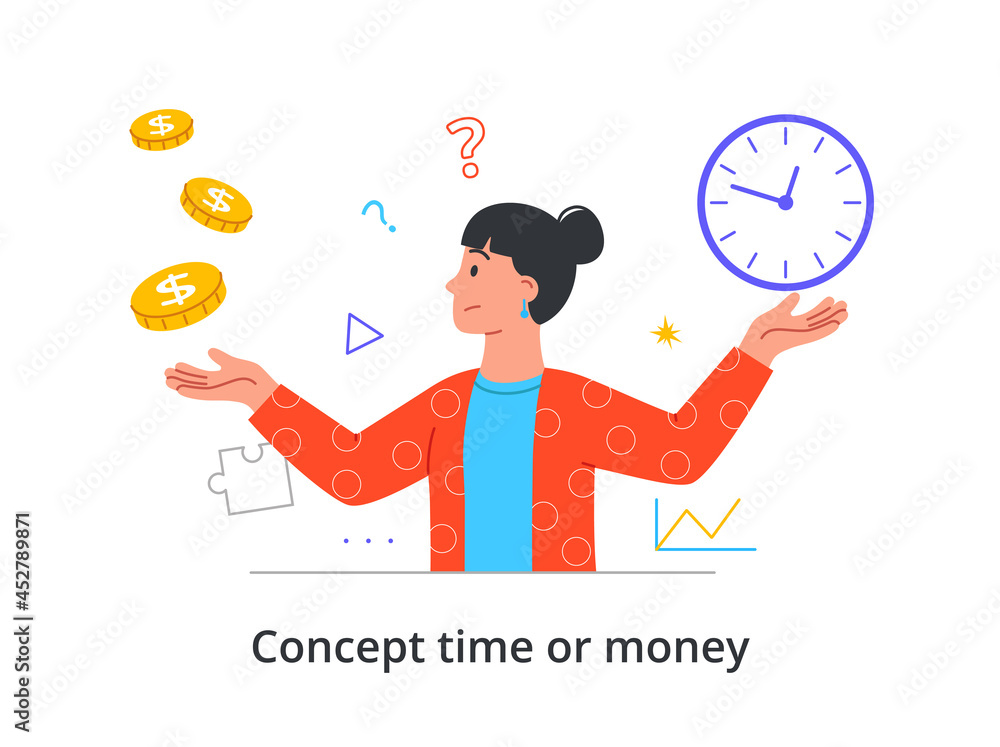Vecteur Stock Young female character is choosing between money and time ...