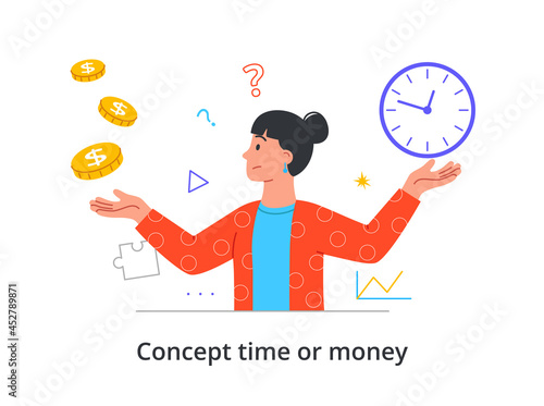 Young female character is choosing between money and time on white background. Concept of people deciding over time and money, time management and schedule. Flat cartoon vector illustration
