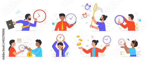 Set of male and female character using time for different activities on white background. Concept of business timing, earn money, self organization, day planning. Flat cartoon vector illustration