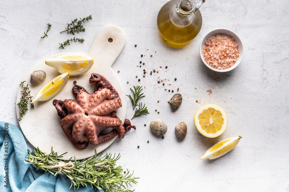 A mix of seafood on a plate. Fish, octopus, squid, shrimp, snails, lemon and herbs on a white background.