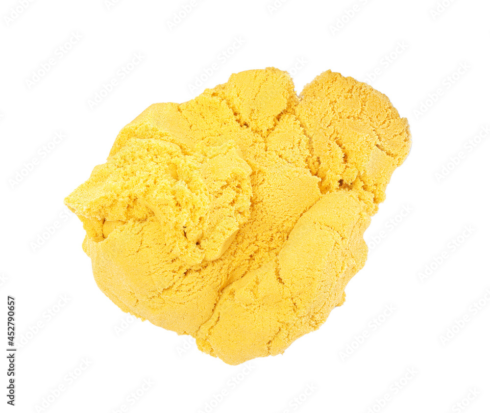 Pile of yellow kinetic sand on white background, top view Pile of yellow kinetic sand on white background, top view