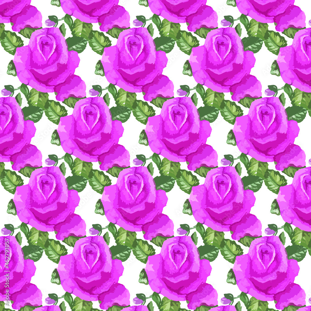 Hand drawn seamless watercolor pattern with roses. Pink floral endless composition. Vector illustration.