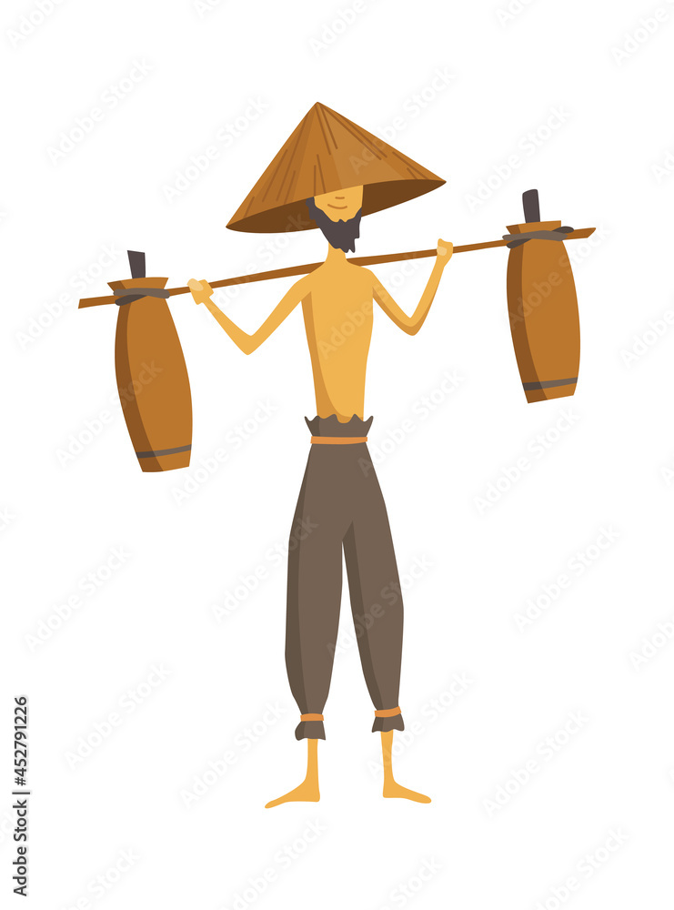 Vetor de Asian farmer in straw conical hat. Asia rural culture. Chinese ...