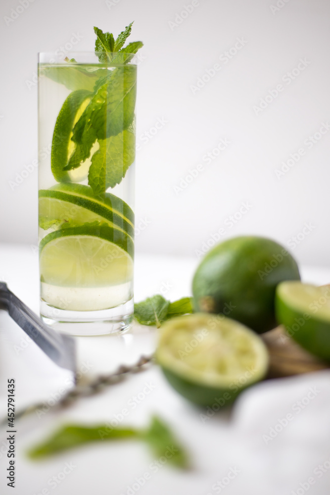 mojito cocktail with ingredients for its preparation on white background mojito cocktail with ingredients for its preparation on white background