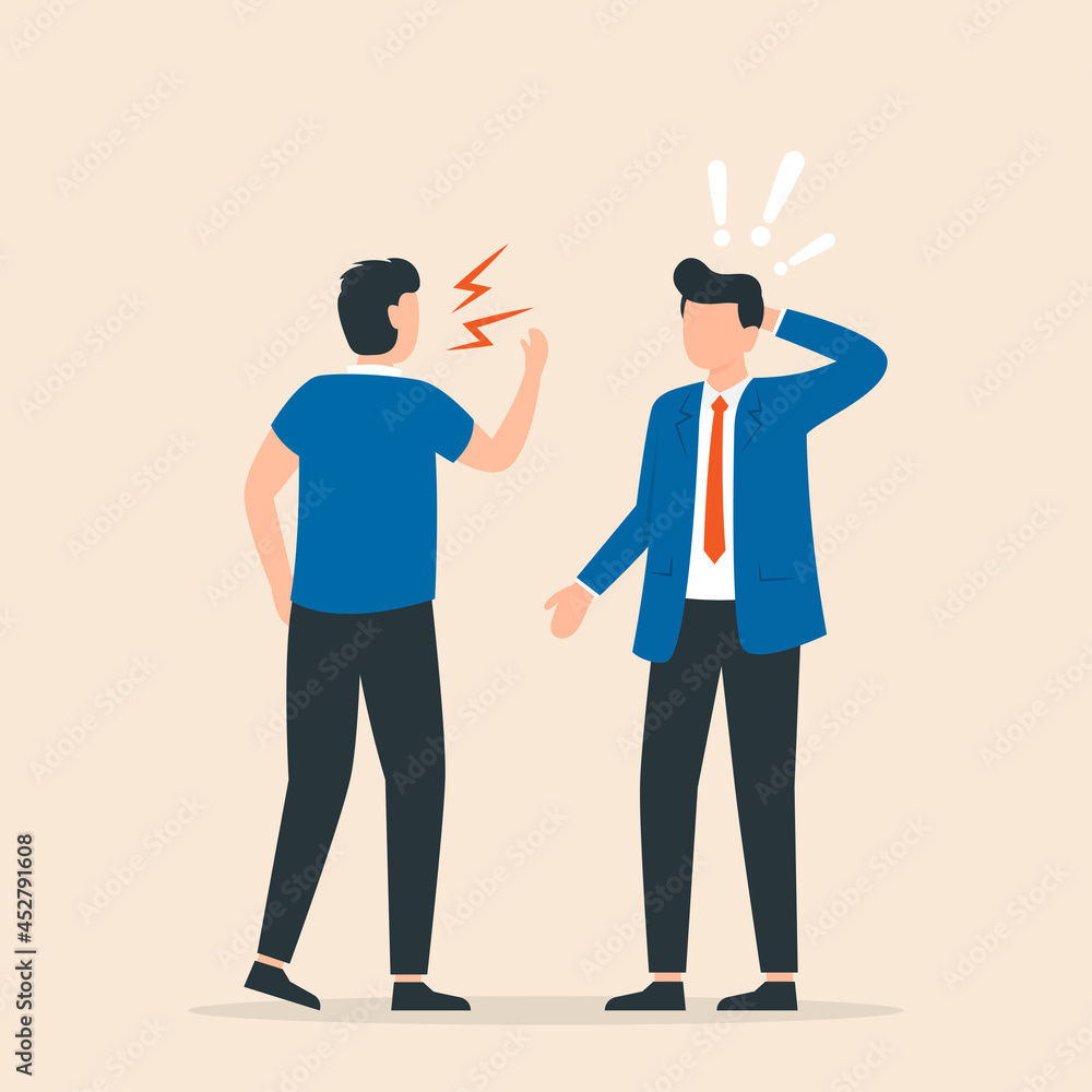 Angry boss shouting to employee. Conflict in office between chief and worker. Angry boss shouting to employee. Conflict in office between chief and worker.
