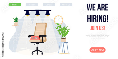 We are hiring banner design. Job vacancy vector poster. Empty office chair and vacant sign on it. Business recruiting creative concept.