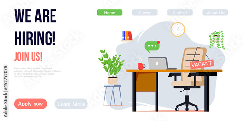 We are hiring banner design. Job vacancy vector poster. Empty office workplace with desk, chair and vacant sign on it. Business recruiting creative concept.