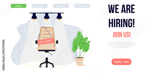 We are hiring banner design. Job vacancy vector poster. Empty office chair and vacant sign on it. Business recruiting creative concept.