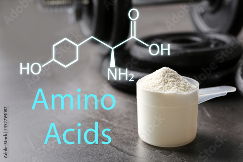 Measuring scoop of amino acids powder on grey table photo