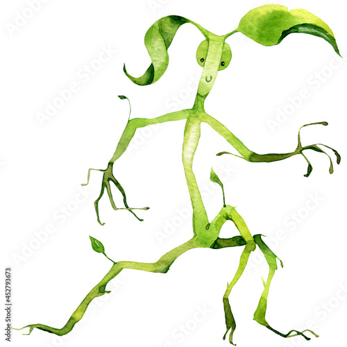 Watercolor magical creature illustraton, monster illustration, halloween illustration, green leaf, funny creature, kind monster