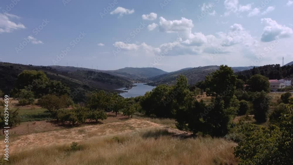 Drone shot aerial view landscape river hills valley Drone shot aerial view landscape river hills valley