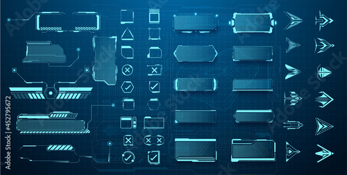 Futuristic user interface elements arrow, button, frame. Holographic elements of the hud user interface, high-tech panels. A set of illustrations of interface icon. Panels, hologram window or display