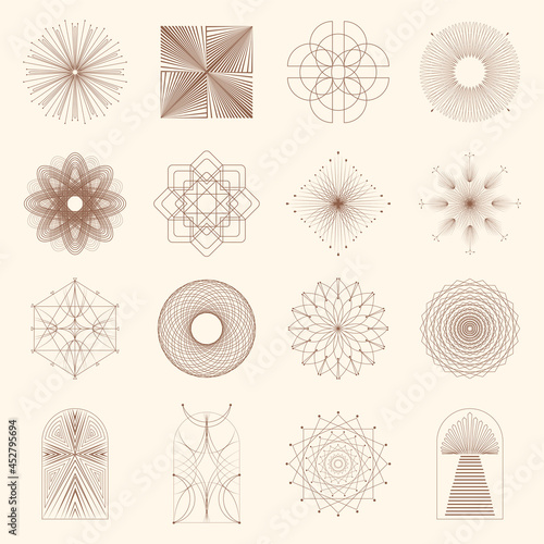 Linear boho icons and symbols - sun logo design templates. Abstract design elements for decoration in a modern minimalist style. Set of linear frames and borders. Vector illustration