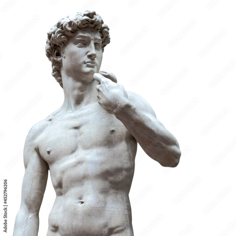 copy of the marble sculpture of David Michelangelo isolated on white background. Ancient greek sculpture, hero statue copy of the marble sculpture of David Michelangelo isolated on white background. Ancient greek sculpture, hero statue