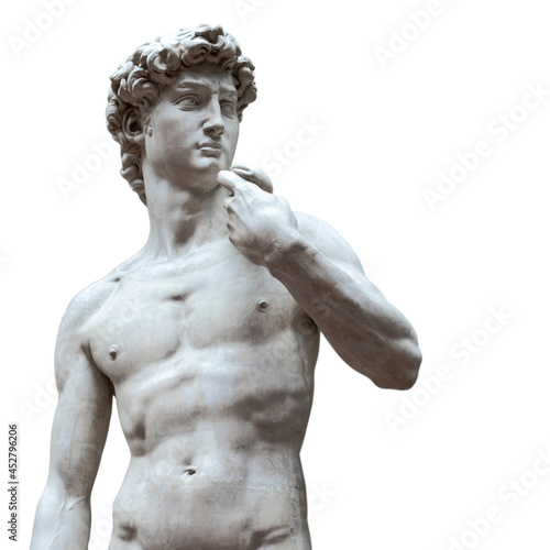 copy of the marble sculpture of David Michelangelo isolated on white background. Ancient greek sculpture, hero statue