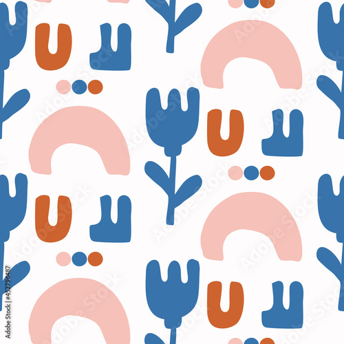 Abstract playful color style cut out shape pattern. Seamless modern simple lino cut style design for retro kids all over print. Trendy geometric home decor, kid fashion, wallpaper in vector repeat. 