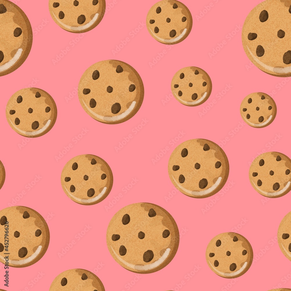 Chocolate chips Cookies cute Seamless pattern on pink background. Chocolate chips Cookies cute Seamless pattern on pink background.