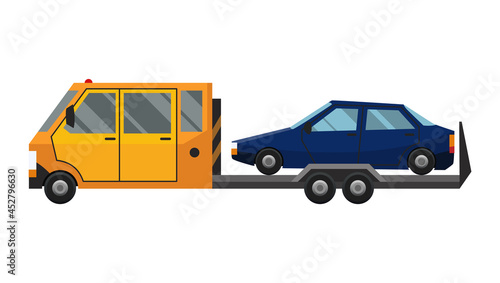 Tow truck. Flat faulty car loaded on a tow truck. Vehicle repair service which provides assistance damaged or salvaged cars