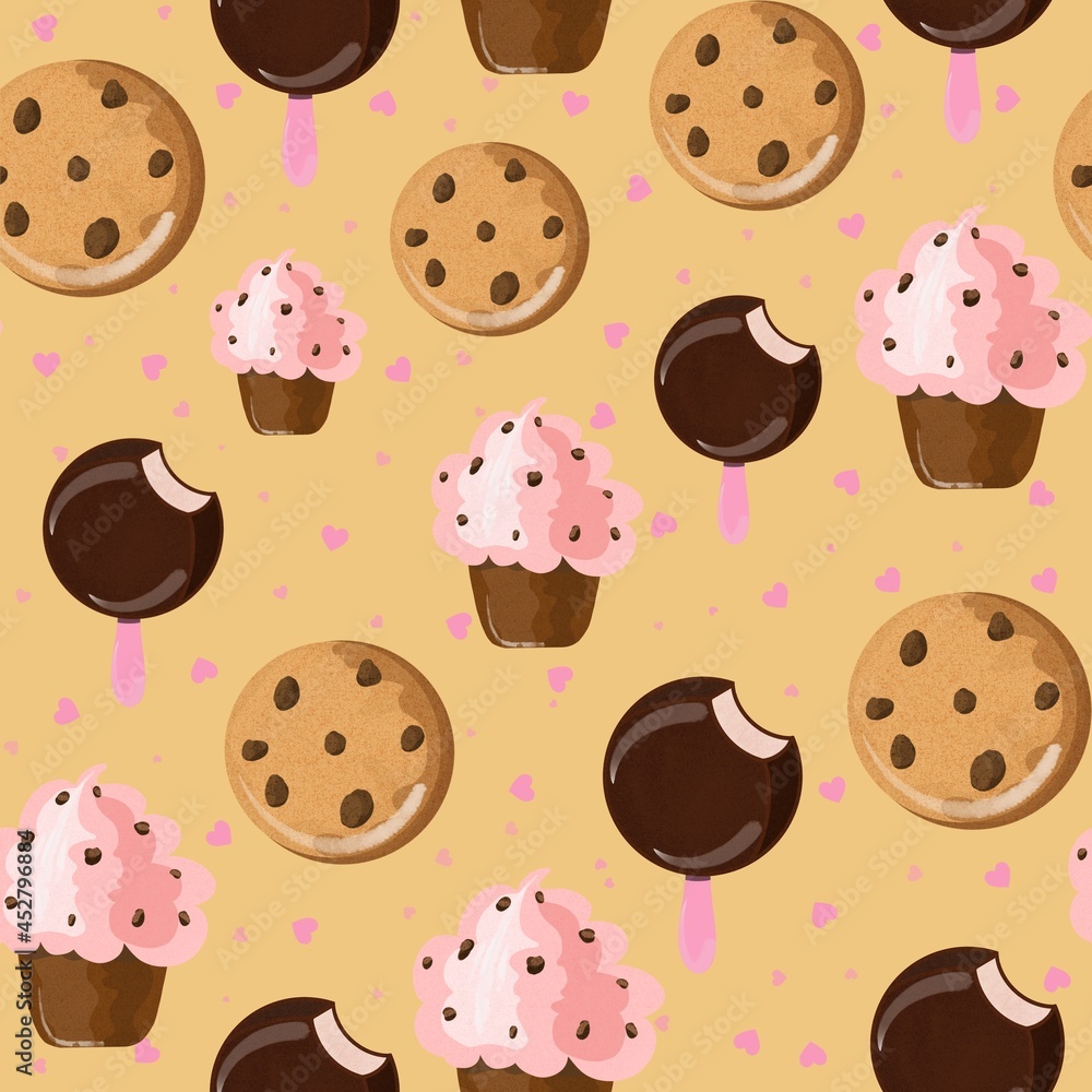 Seamless pattern with cute cupcakes, popsicle and cookies drawn in cartoon style