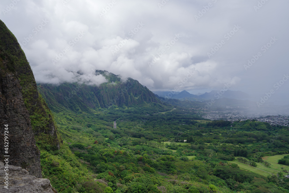 Landscape scene taken from the Pali lookout in Oahu, Hawaii.
