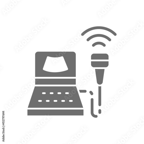 Ultrasound diagnostic machine, medical research, gynecology clinic grey icon.