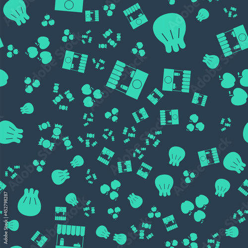 Set Street stall with awning, Khinkali on cutting board, Candy and Apple on seamless pattern. Vector