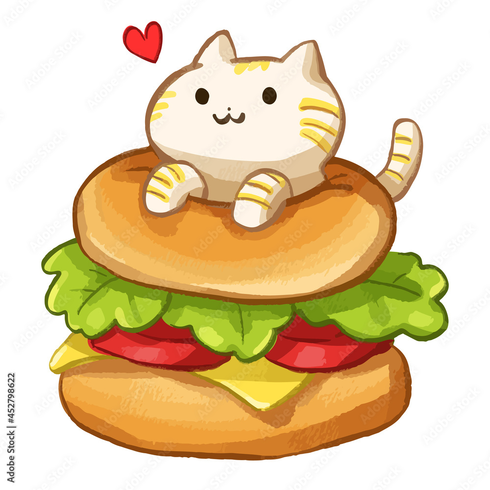 Cute character cartoon illustration with Hamburger with cat