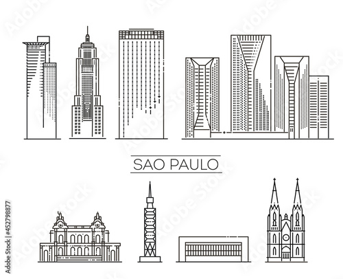 Sao Paulo architecture line skyline illustration. Linear vector cityscape with famous landmarks