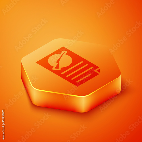Isometric Firearms license certificate icon isolated on orange background. Weapon permit. Orange hexagon button. Vector