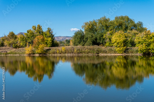 Fototapeta Naklejka Na Ścianę i Meble -  Colorful Fall Trees Along Pond With Trees Reflections in Calm Water