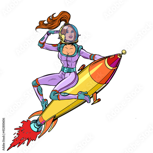 Pinup female astronaut flying on a rocket, a woman in space. Science fiction