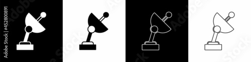 Set Radar icon isolated on black and white background. Search system. Satellite sign. Vector