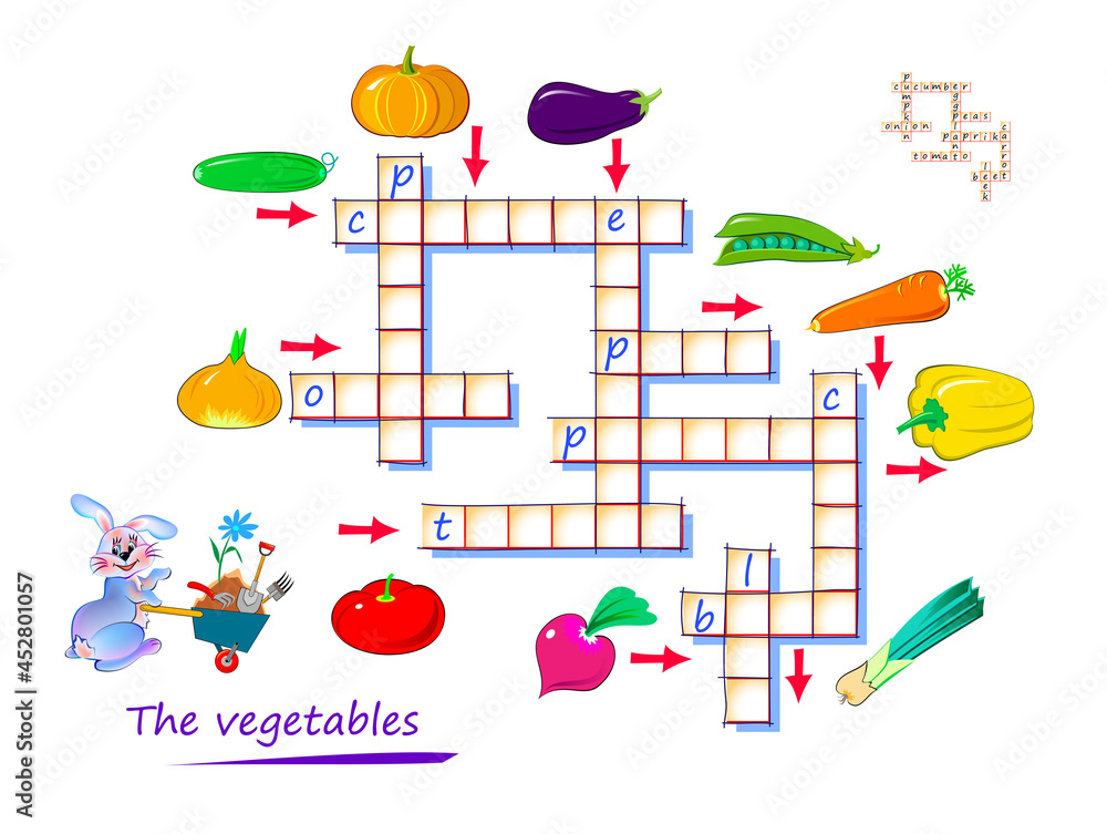 Crossword puzzle game for kids. Learn vegetables. Educational page for  children to study English language and words. Printable worksheet for kids  textbook. Back to school. Vector cartoon illustration. Stock Vector | Adobe