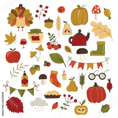 Colorful, bright vector handmade set of items and symbols on the autumn Thanksgiving theme. All objects are separated. Vector illustration