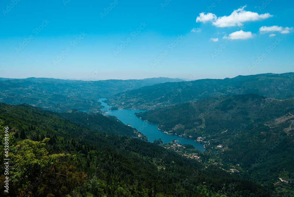 Pedra Bela viewpoint with a panorama of Cavado River from afar in the National Park of Peneda Geres, Portugal