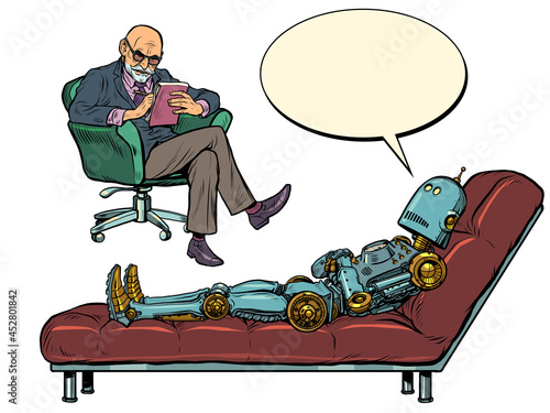 A male psychotherapist at a psychotherapy session, listens to a robot patient, sits in a chair and makes notes in a notebook
