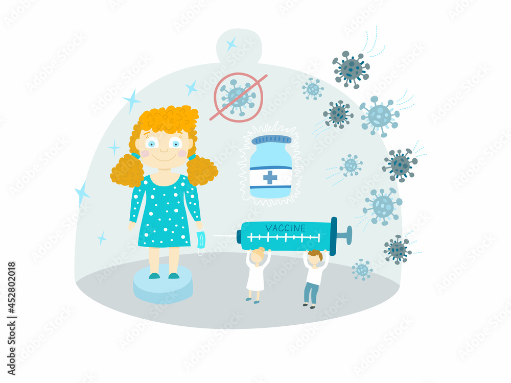 Conceptual vector illustration on the topic of childhood vaccination. Vaccination of children and health improvement. Vaccinations for children to protect against viruses Conceptual vector illustration on the topic of childhood vaccination. Vaccination of children and health improvement. Vaccinations for children to protect against viruses